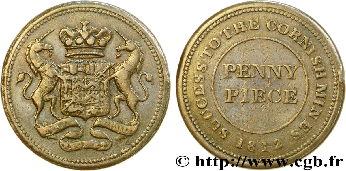 BRITISH TOKENS OR JETTONS 1 Penny Cornouaille, Cornish Mines licorne encadrant un écu couronné 1812  VF 
