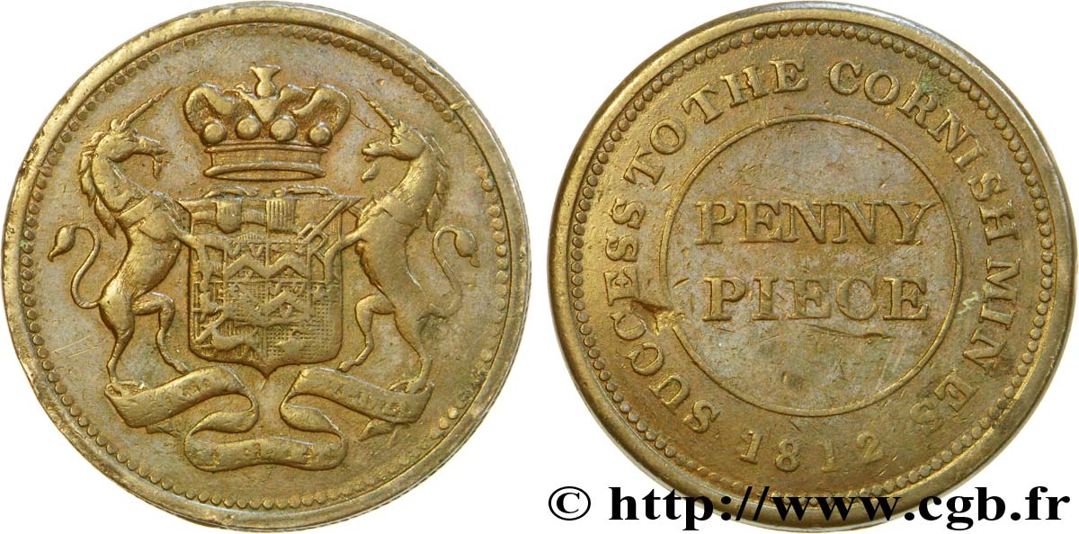 REINO UNIDO (TOKENS) 1 Penny Cornouaille, Cornish Mines licorne encadrant un écu couronné 1812  BC+ 