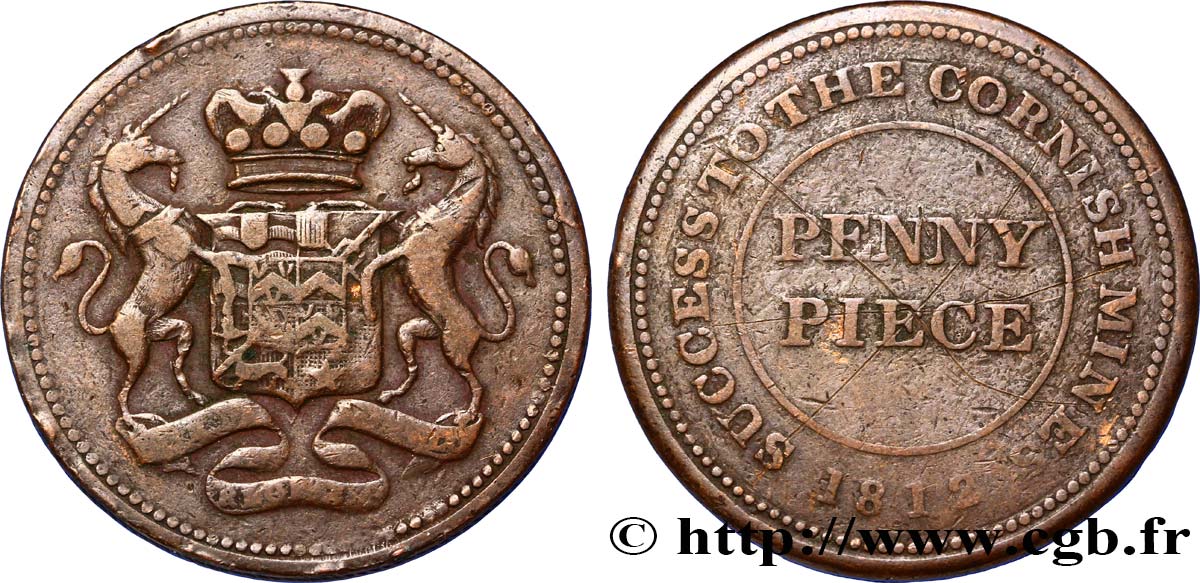 BRITISH TOKENS 1 Penny Cornouaille, Cornish Mines licorne encadrant un écu couronné 1812  VF 
