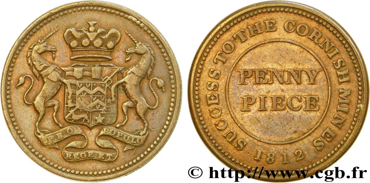 BRITISH TOKENS 1 Penny Cornouaille, Cornish Mines licorne encadrant un écu couronné 1812  AU 