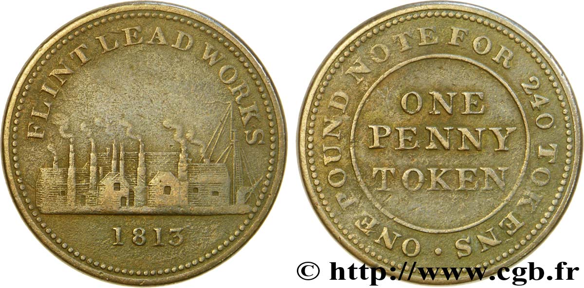 REINO UNIDO (TOKENS) 1 Penny Flint (Flintshire - pays de Galles) Flint Lead Works (usine avec (variété sans fumée sur la 5e cheminée à partir de la gauche) 1813  BC+ 
