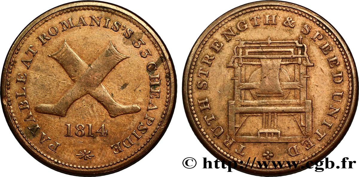 BRITISH TOKENS 1/2 Penny Londres (Middlesex) Romanis’s - paire de bas / métier à tisser 1814  AU 