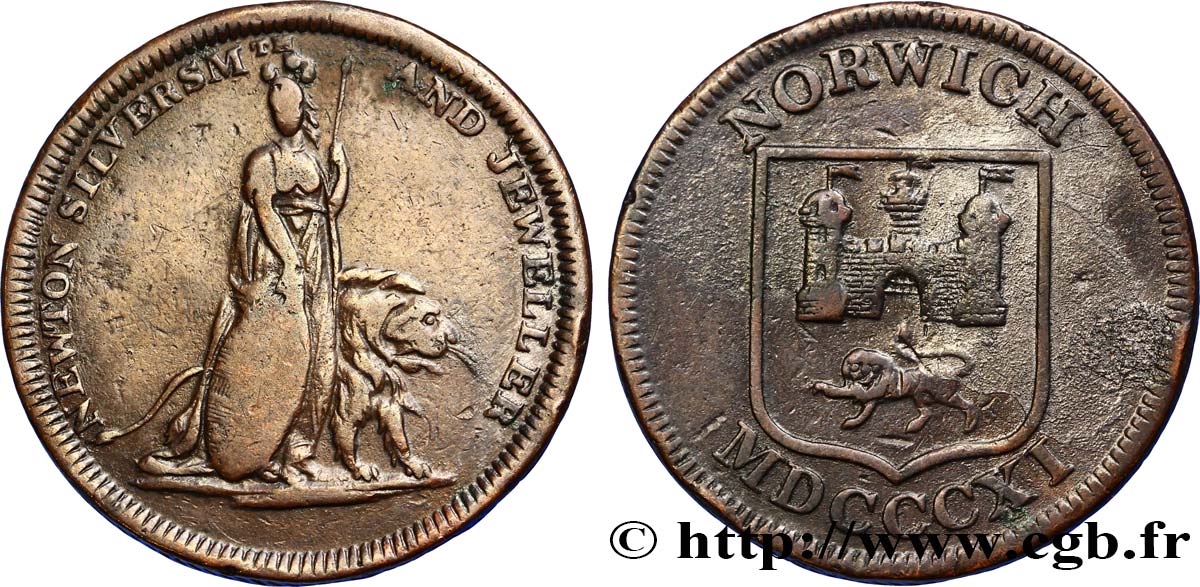 GETTONI BRITANICI 1/2 Penny Norwich (Norfolk) Newton silversmith : Britannia debout avec lion / écu de la ville 1811  MB 