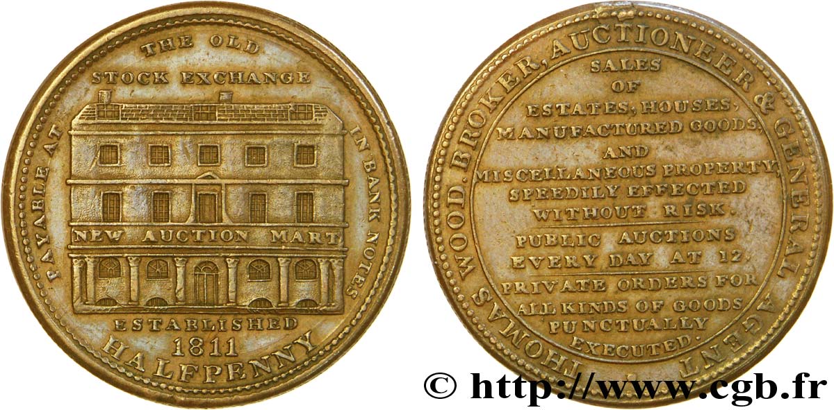 GETTONI BRITANICI 1/2 Penny Londres (Middlesex) : Thomas Wood agent de change / bourse de Londres 1811  SPL 
