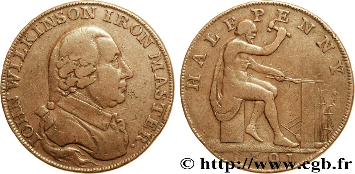 REINO UNIDO (TOKENS) 1/2 Penny John Wilkinson (Warwickshire) maître de Forge, portrait / Vulcain forgeant 1791  BC+ 