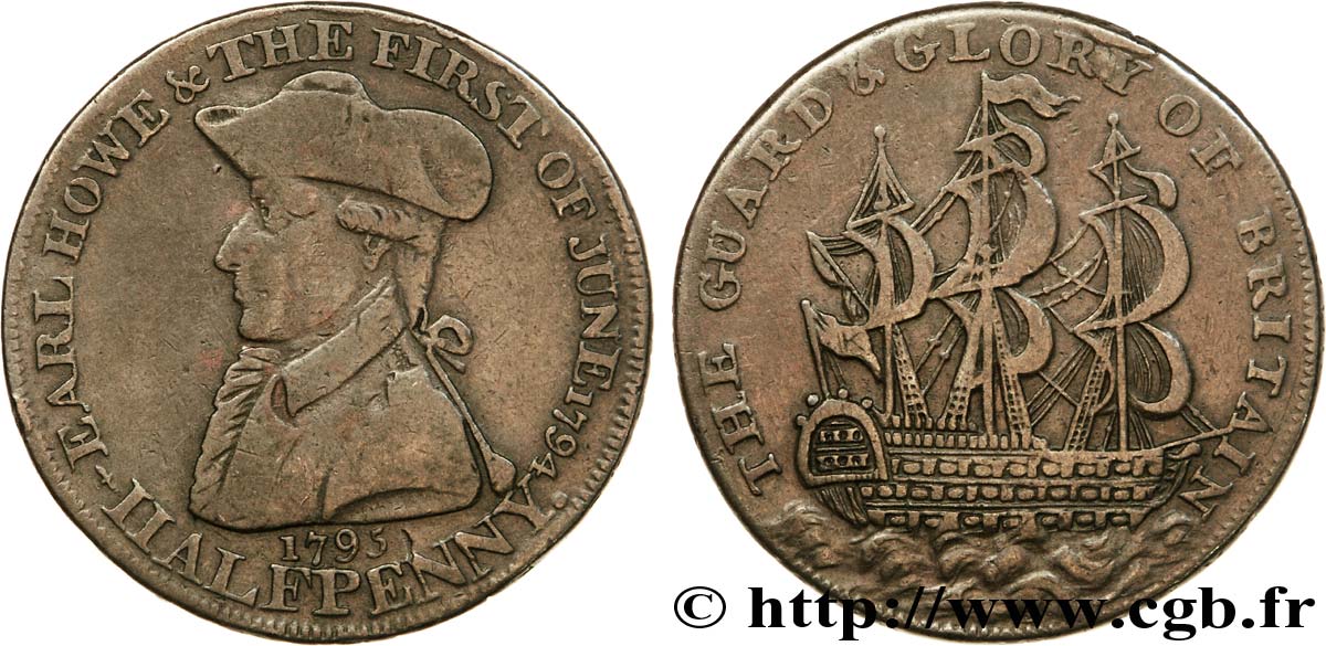 BRITISH TOKENS OR JETTONS 1/2 Penny Emsworth (Hampshire) comte Howe / voilier, “payable in Suffolk Bath or Manchester” sur la tranche 1795  VF 