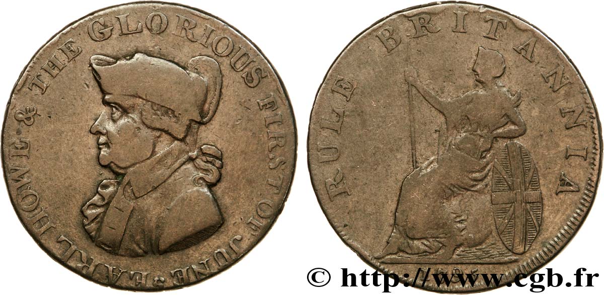 GETTONI BRITANICI 1/2 Penny Emsworth (Hampshire) comte Howe / Britannia assise, “Emsworth half-penny payable at Iohn Stride” sur la tranche 1795  q.BB 