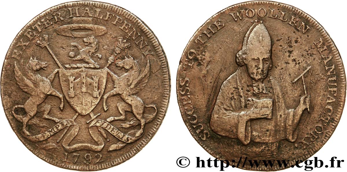 BRITISH TOKENS OR JETTONS 1/2 Penny Exeter (Devonshire) Evêque Blaize / armes de la ville, “payable at the warehouse of Samuel Kingdon” 1792  F 