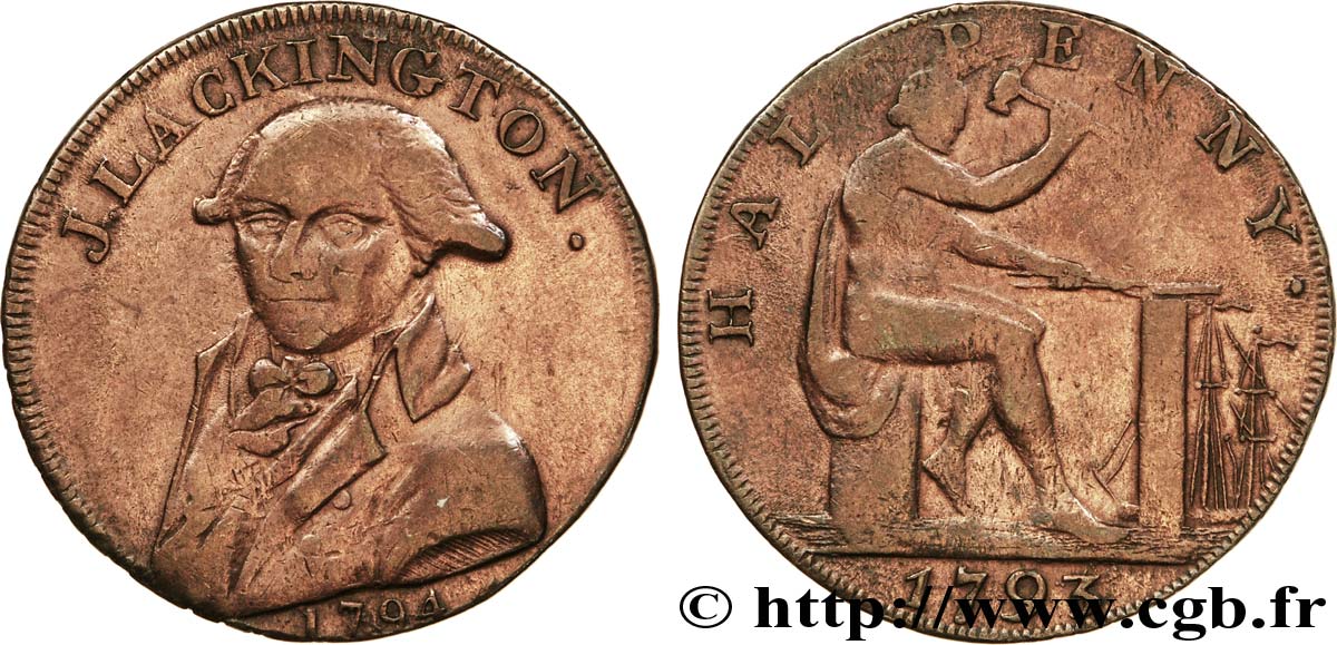 REINO UNIDO (TOKENS) 1/2 Penny Londres (Middlesex) J. Lackington / Vulcain forgeant, “An asylum for oppress’d of all nations” sur la tranche 1794  BC+ 