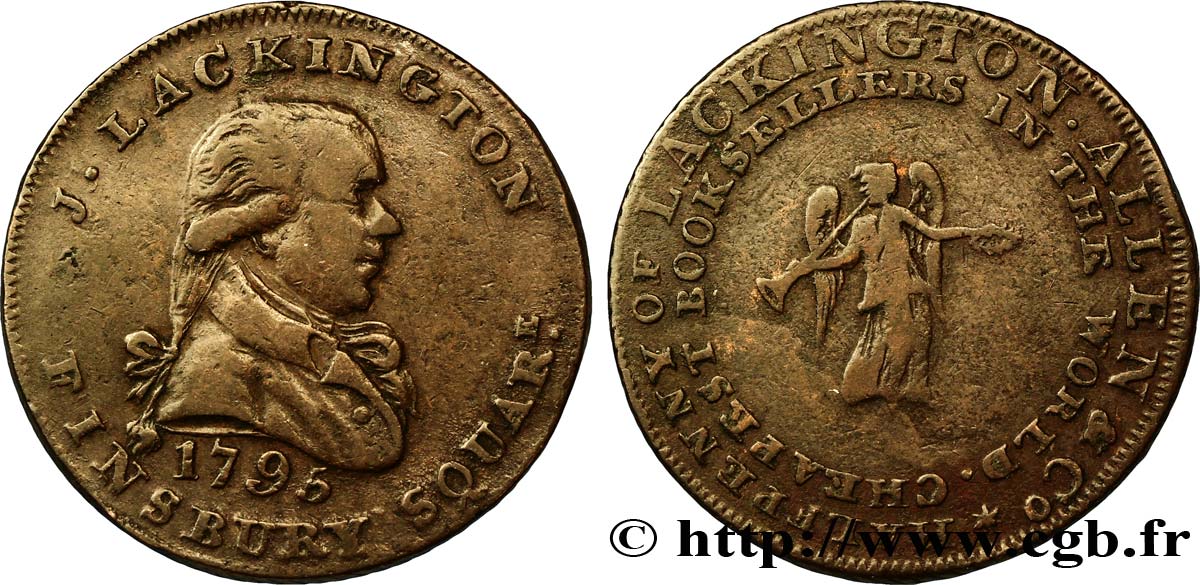 BRITISH TOKENS 1/2 Penny Londres (Middlesex) J. Lackington / trompette de la renommée, “le moins cher des libraires au Monde” 1795  VF 