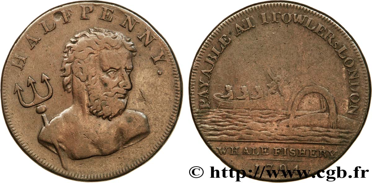 BRITISH TOKENS OR JETTONS 1/2 Penny Londres (Middlesex) Pêcheries de Baleines Fowler / Neptune 1794  VF 