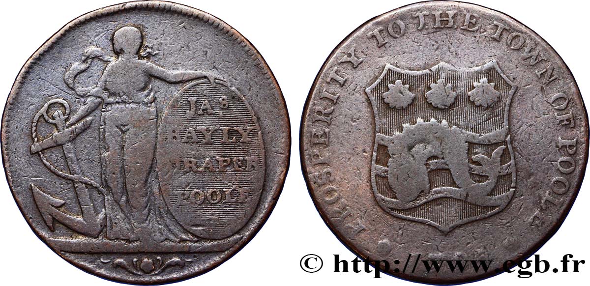 BRITISH TOKENS OR JETTONS 1/2 Penny Poole (Dorsetshire) James Bayl(e)y, drapier, Espérance tenant une ancre 1795  VF 