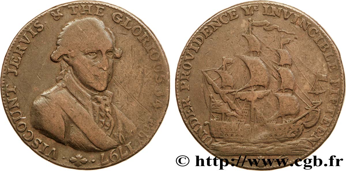 BRITISH TOKENS 1/2 Penny Porthmouth (Hampshire) Vicomte Jervis / voilier, “payable at Portsmouth and Portsea” sur la tranche 1797  VF 