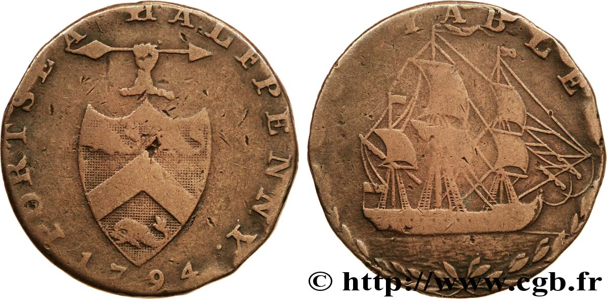 BRITISH TOKENS OR JETTONS 1/2 Penny Portsea (Hampshire)  armes avec javelot / voilier 1794  VG 