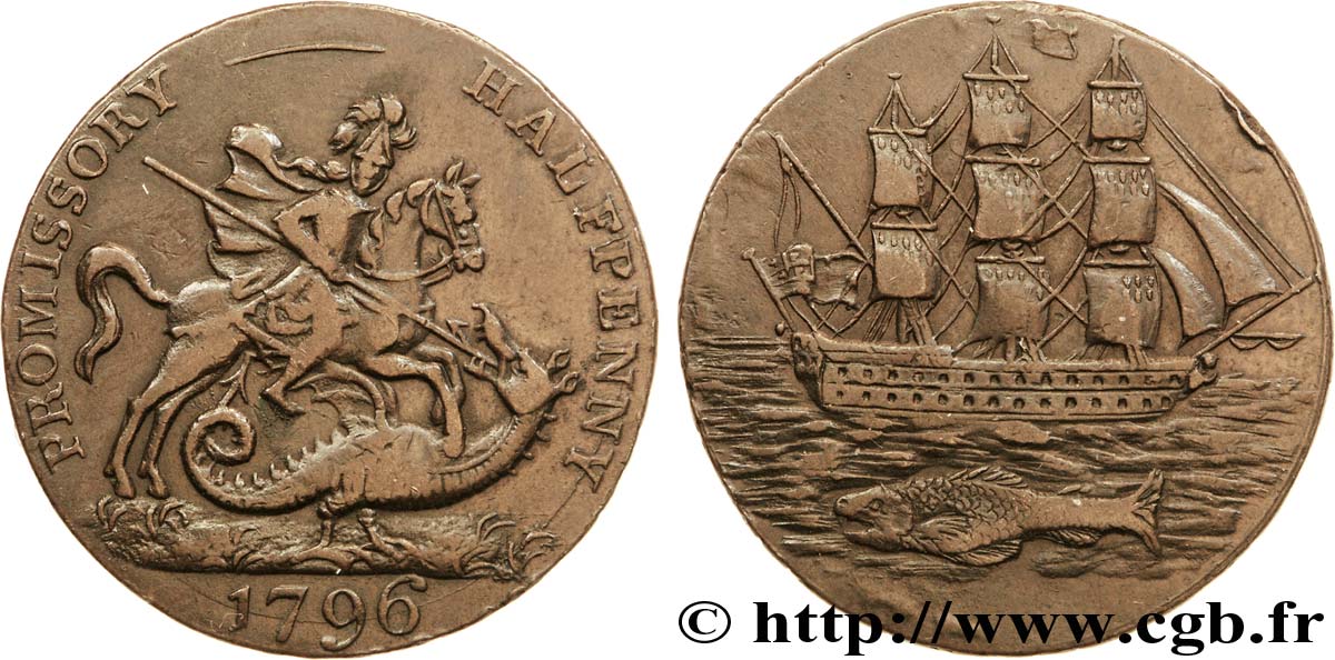 BRITISH TOKENS OR JETTONS 1/2 Penny Portsea (Hampshire)  St Georges terrassant le dragon / voilier, “payable at S, Salmons I Courtney & E Frost Portsea” sur la tranche 1796  VF 