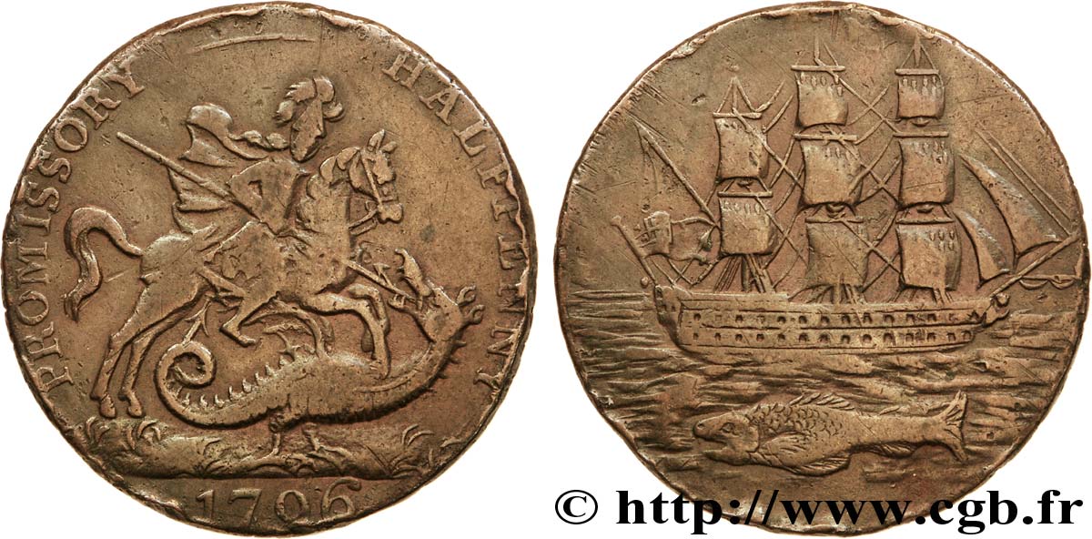 BRITISH TOKENS OR JETTONS 1/2 Penny Portsea (Hampshire)  St Georges terrassant le dragon / voilier, “payable at S, Salmons I Courtney & E Frost” sur la tranche 1796  VF 