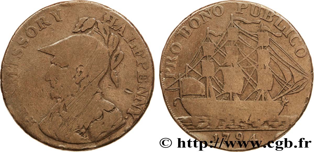 GETTONI BRITANICI 1/2 Penny Gosport (Hampshire) Sir Bevis / voilier, “payable at I. Iordans draper Gosport” sur la tranche 1794  q.MB 