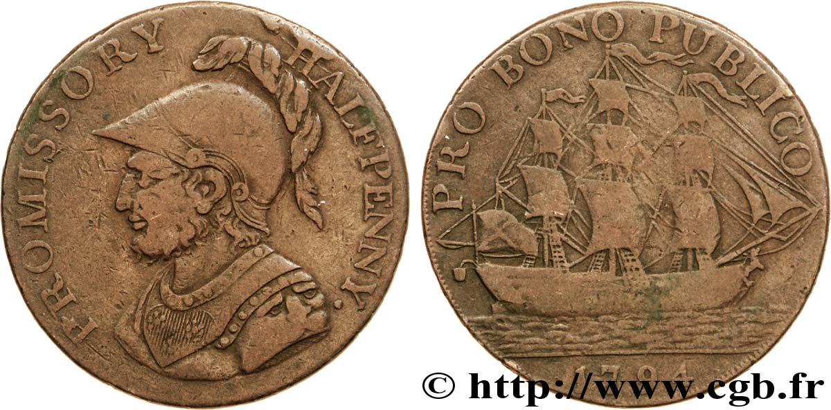 BRITISH TOKENS 1/2 Penny Gosport (Hampshire) Sir Bevis / voilier, “payable at I. Iordans draper Gosport” sur la tranche 1794  VF 