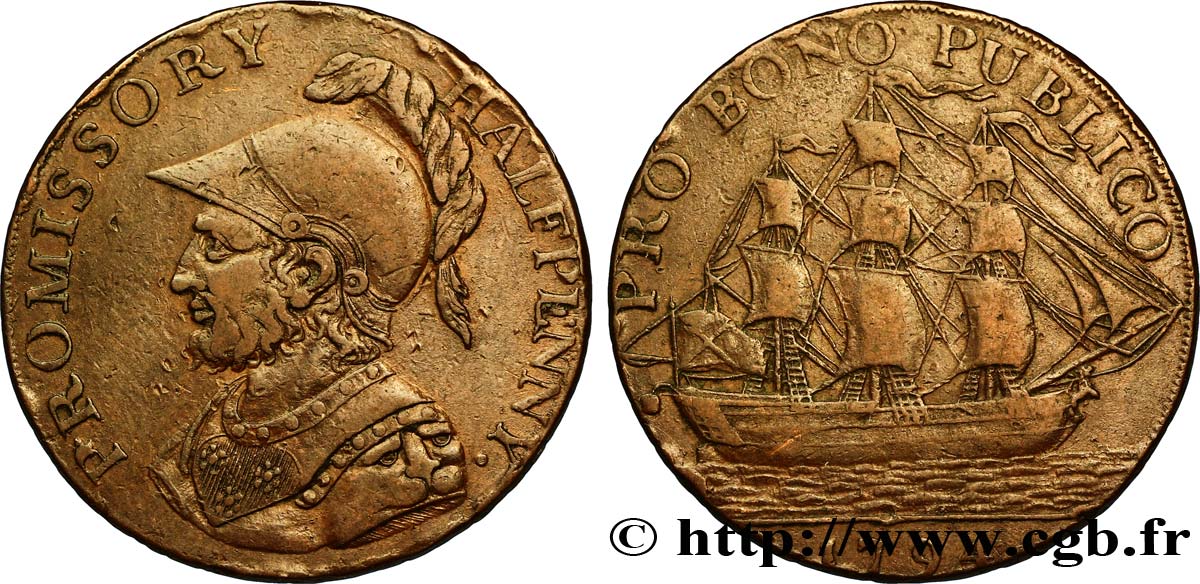 BRITISH TOKENS OR JETTONS 1/2 Penny Gosport (Hampshire) Sir Bevis / voilier, “payable at I. Iordans draper Gosport” sur la tranche 1794  XF 