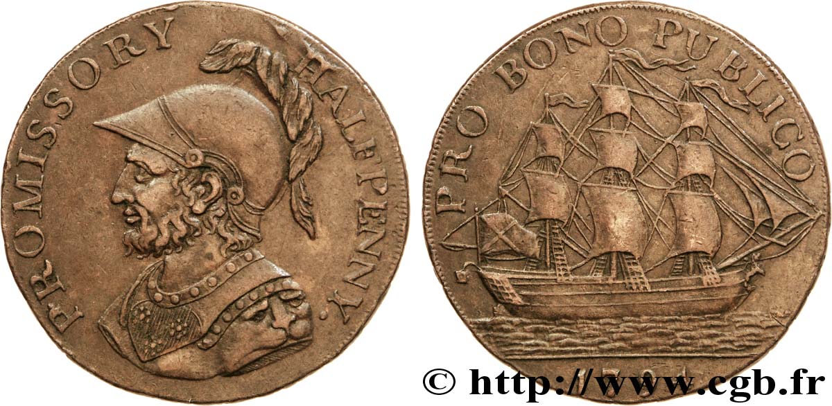 BRITISH TOKENS OR JETTONS 1/2 Penny Gosport (Hampshire) Sir Bevis / voilier, “payable at I. Iordans draper Gosport” sur la tranche 1794  AU 