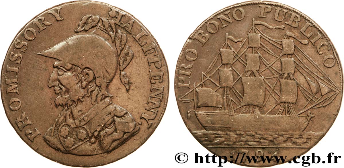 BRITISH TOKENS OR JETTONS 1/2 Penny Gosport (Hampshire) Sir Bevis / voilier, “payable at I. Iordans draper Gosport” sur la tranche 1794  VF 