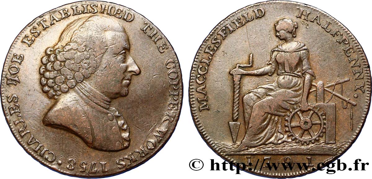 REINO UNIDO (TOKENS) 1/2 Penny Macclesfield (Cheshire) Charles Roe / femme avec outils, “payable at Macclesfield Liverpool & Congleton 1791  MBC 