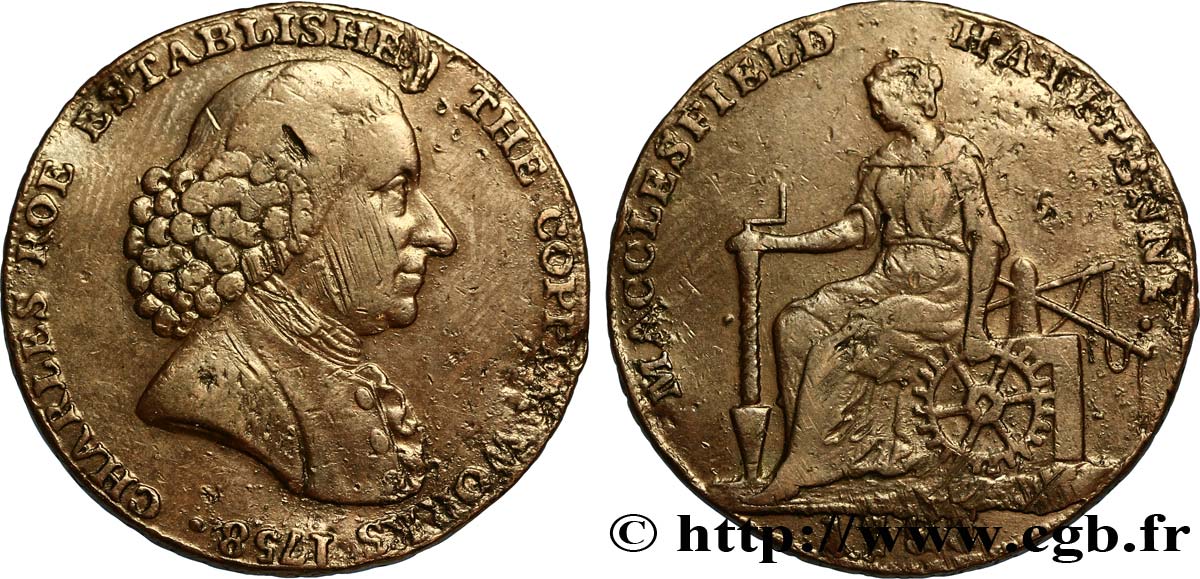 VEREINIGTEN KÖNIGREICH (TOKENS) 1/2 Penny Macclesfield (Cheshire) Charles Roe / femme avec outils, “payable at Macclesfield Liverpool & Congleton 1792  S 