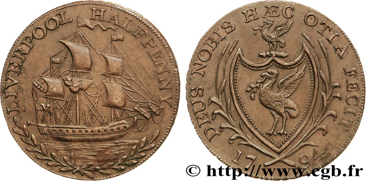 BRITISH TOKENS 1/2 Penny Liverpool (Lancashire) écu au “Liver” / voilier, “payable in London Liverpool or Bristol” sur la tranche 1794  AU 