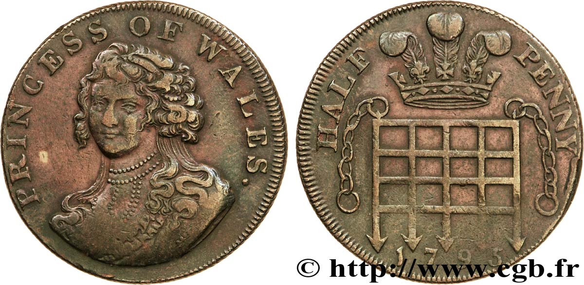 REINO UNIDO (TOKENS) 1/2 Penny Londres (Middlesex) Princesse de Galles / femme assise avec corne d’abondance 1795  BC+ 
