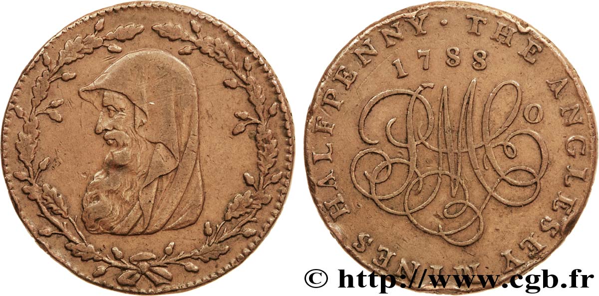 VEREINIGTEN KÖNIGREICH (TOKENS) 1/2 Penny Anglesey (Pays de Galles) druide / PM C° (Parys Mine Company), “on demand in London Liverpool or Anglesey” sur la tranche 1788  fSS 