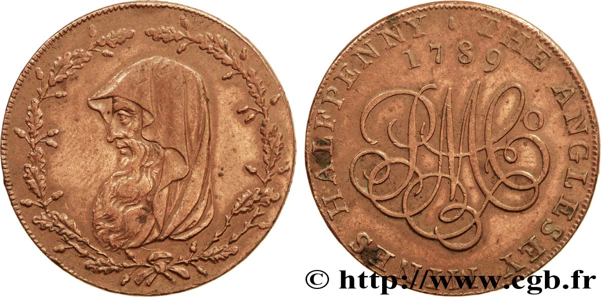 BRITISH TOKENS OR JETTONS 1/2 Penny Anglesey (Pays de Galles) druide / PM C° (Parys Mine Company), “on demand in London Liverpool or Anglesey” sur la tranche 1789  AU 