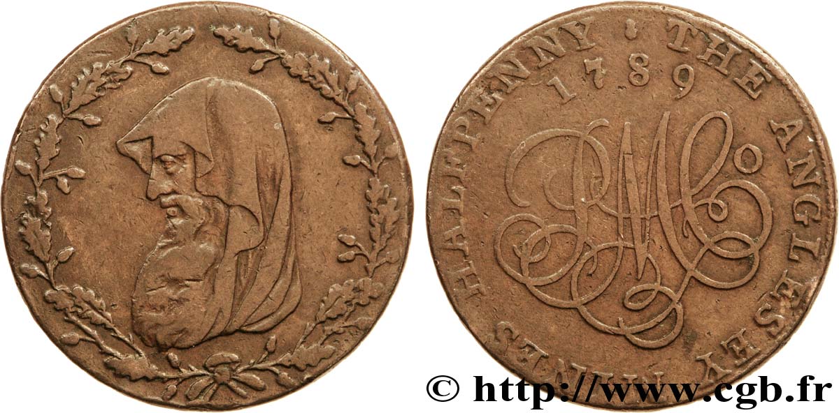 BRITISH TOKENS OR JETTONS 1/2 Penny Anglesey (Pays de Galles) druide / PM C° (Parys Mine Company), “on demand in London Liverpool or Anglesey” sur la tranche 1789  VF 