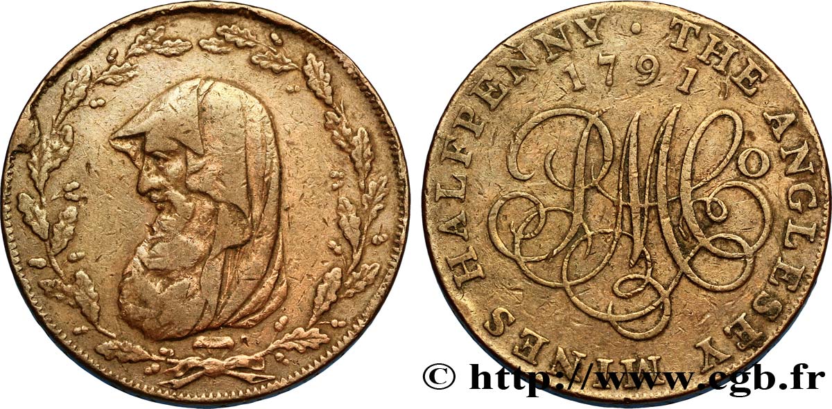 VEREINIGTEN KÖNIGREICH (TOKENS) 1/2 Penny Anglesey (Pays de Galles) druide / PM C° (Parys Mine Company), “on demand in Anglesey or London” sur la tranche 1791  fSS 