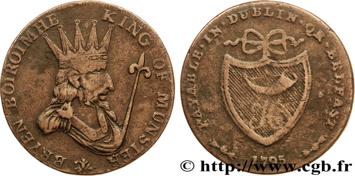 BRITISH TOKENS OR JETTONS 1/2 Penny Munster (Irlande) Bryen Boiroimhe roi de Munster / écu avec “H” et corne 1795  VF 