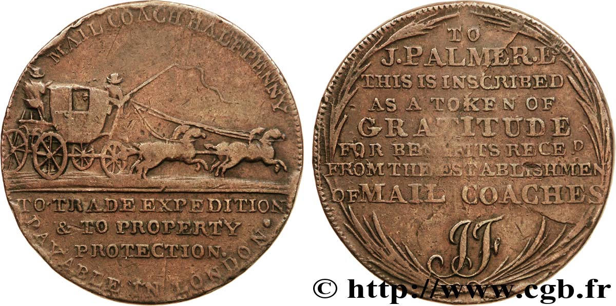 BRITISH TOKENS OR JETTONS 1/2 Penny Londres (Middlesex) diligence postale / J.Palmer N.D.  VF 