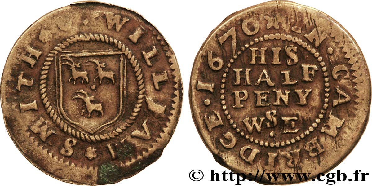 REINO UNIDO (TOKENS) 1/2 Penny Cambridge (Cambridgeshire) William Smith écu 1670  BC+ 
