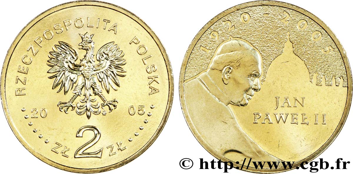 POLOGNE 2 Zlote aigle / hommage au pape Jean-Paul II (1920-2005) 2005 Varsovie SPL 