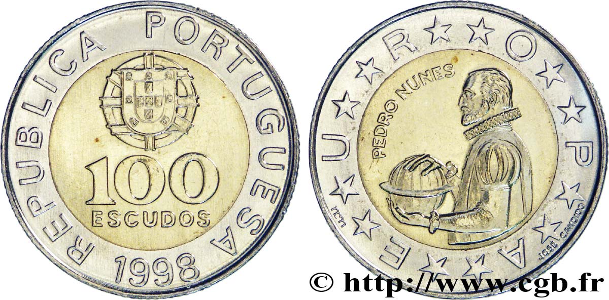 PORTUGAL 100 Escudos armes / mathématicien et cosmographe Pedro Nunes variété à 5 séries de cannelures 1998  AU 