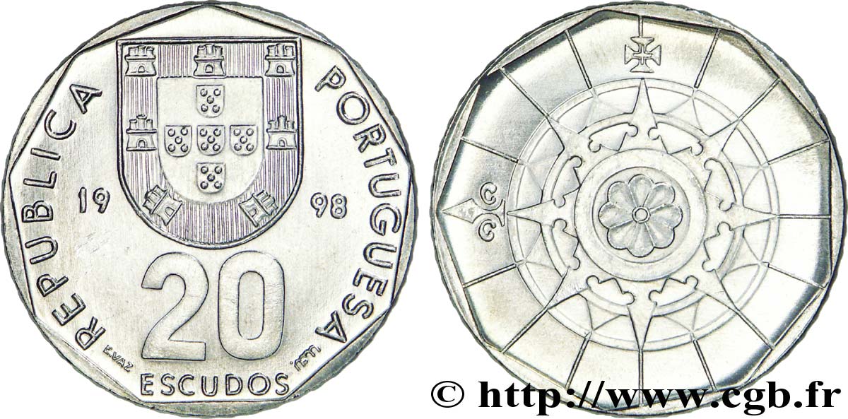 PORTUGAL 20 Escudos emblème / rose des vents 1998  fST 