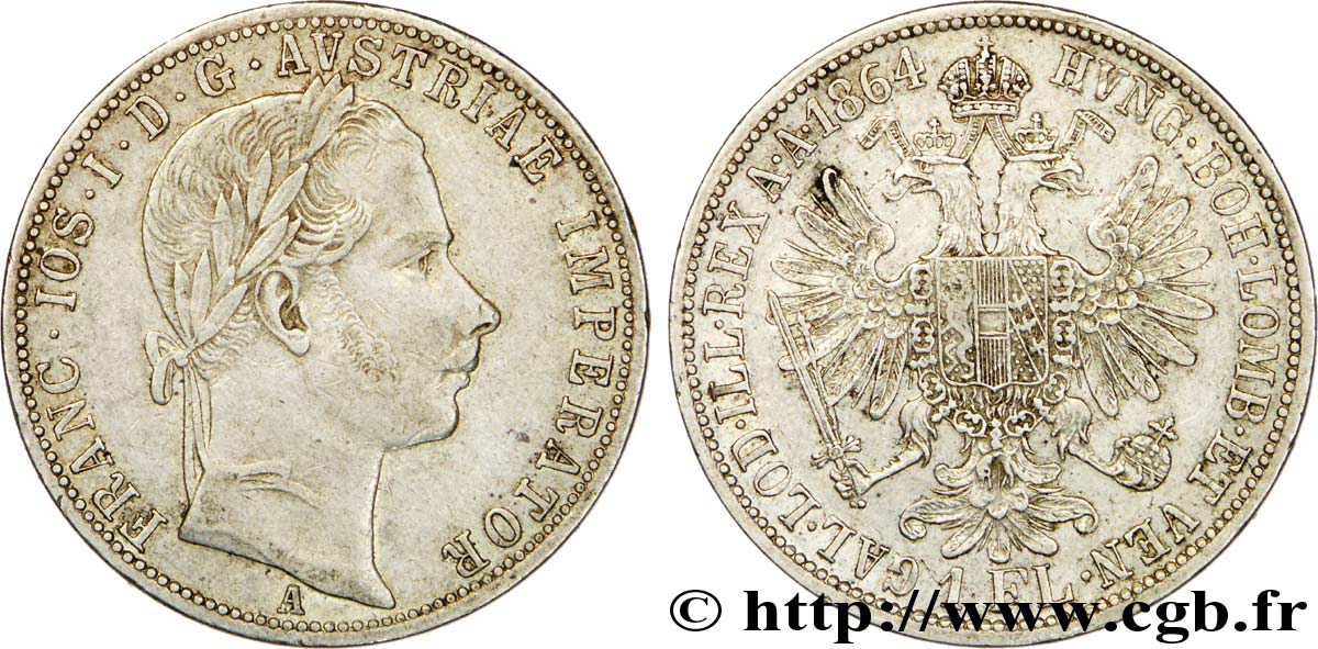 AUSTRIA 1 Florin Empereur François-Joseph Ier / aigle bicéphale 1864 Vienne MBC+ 