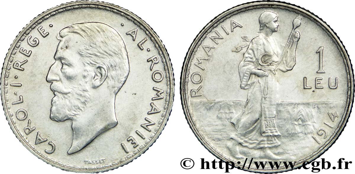 ROMANIA 1 Leu Charles Ier / paysanne, variété à tranche plate 1914  SPL 