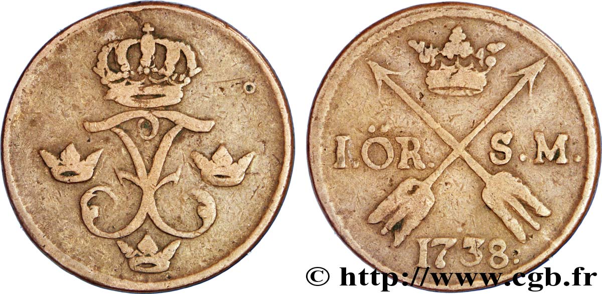 SUECIA 1 Ore monogramme couronné du roi Frédéric Ier de Suède 1738  BC 