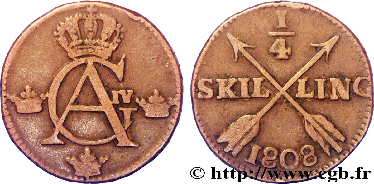 SWEDEN 1/4 Skilling monograme du roi Gustave IV Adolphe 1808  VF 
