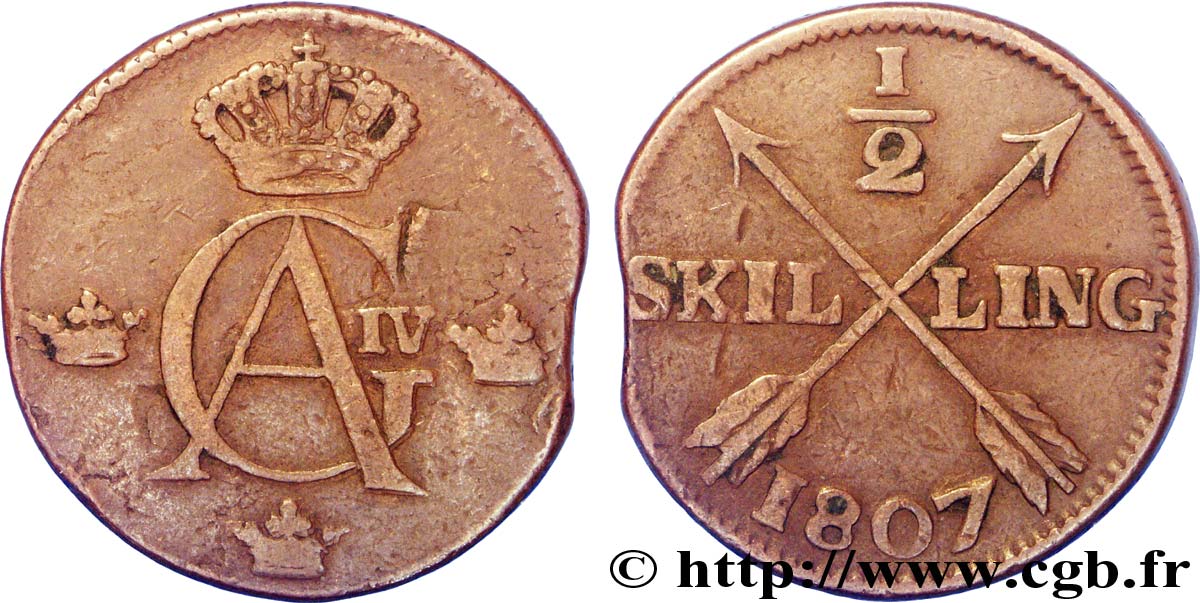SUECIA 1/2 Skilling monograme du roi Gustave IV Adolphe 1807  BC 