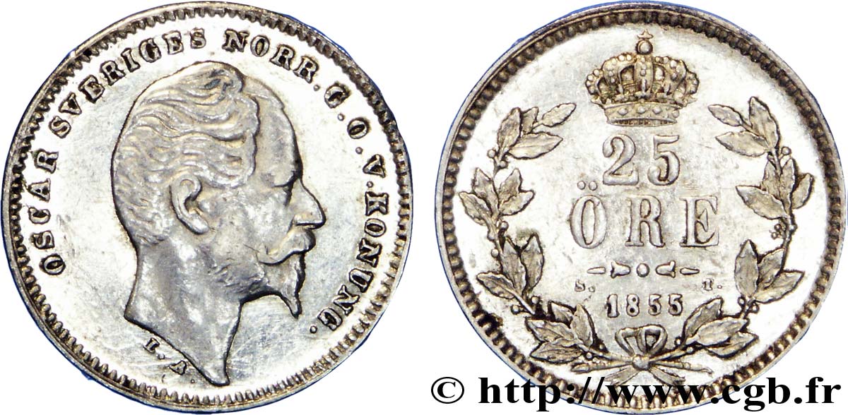 SVEZIA 25 Ore Oscar II de Suède et de Norvège 1855  q.SPL 