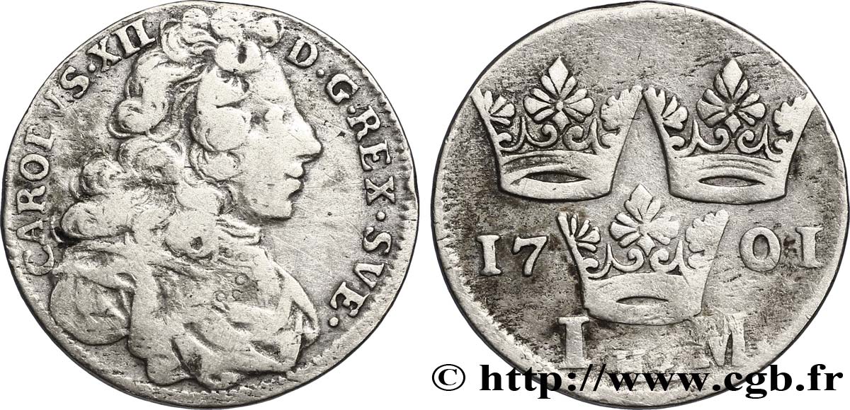 SUECIA 1 Mark roi Charles XII / trois couronnes 1701 Stockholm BC+ 