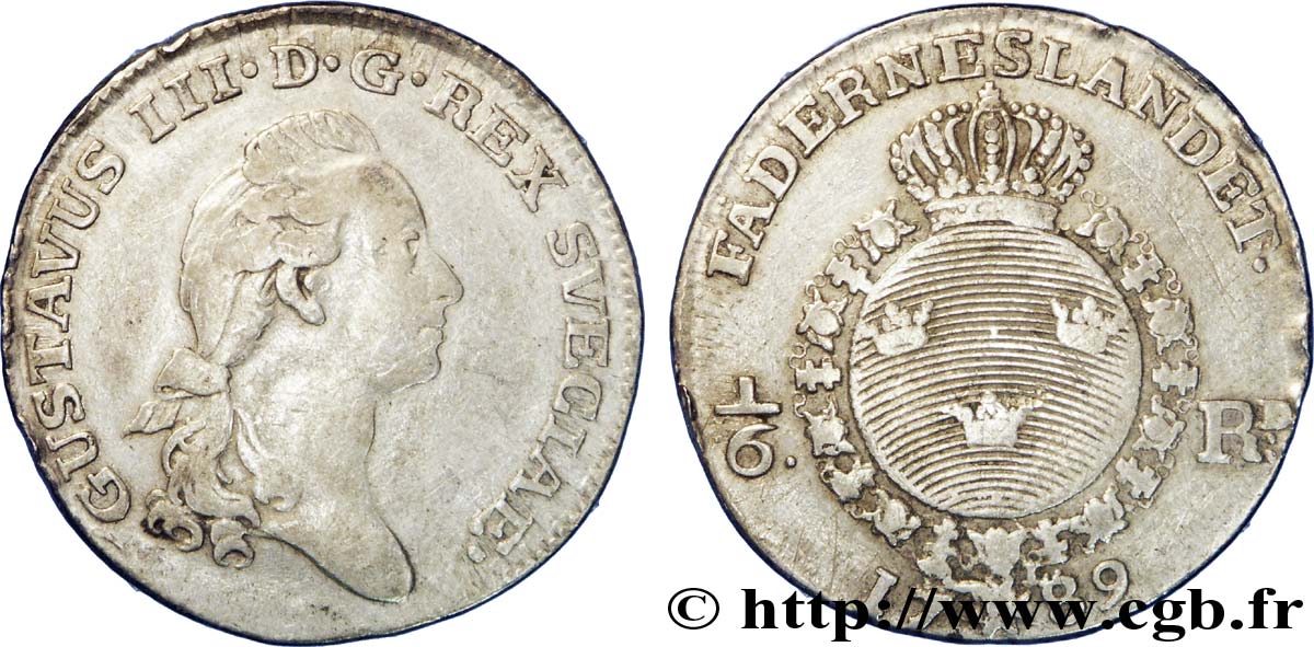 SUECIA 1/6 Riksdaler, roi Gustave III / écu rond de Suède 1789 Stockholm BC+ 