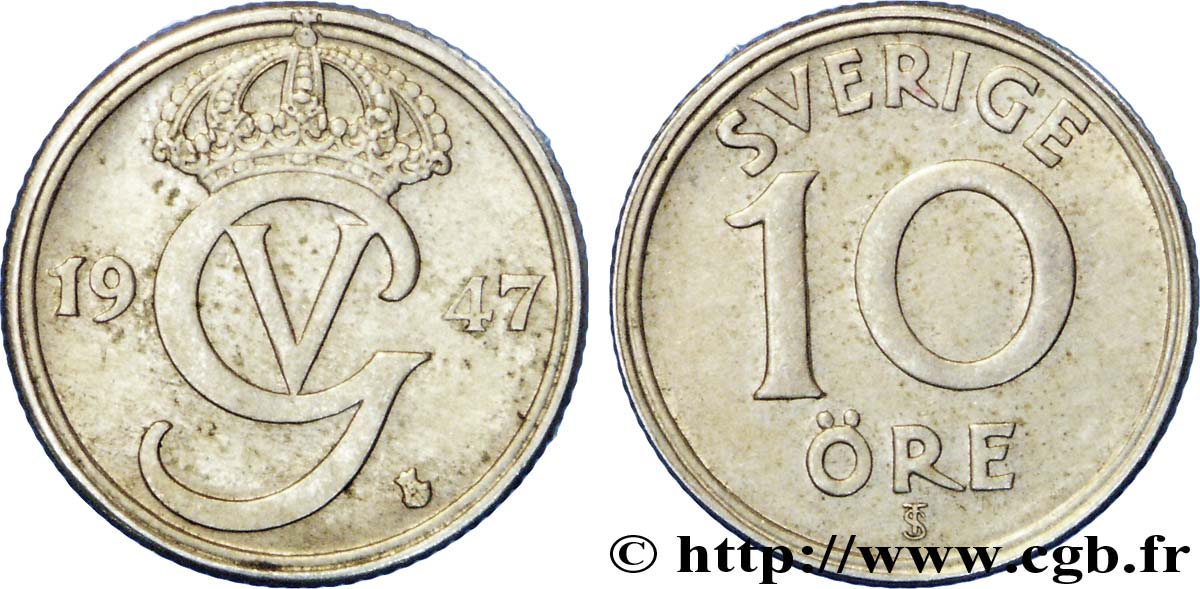 SWEDEN 10 Ore monograme du roi Gustave V 1947  AU 