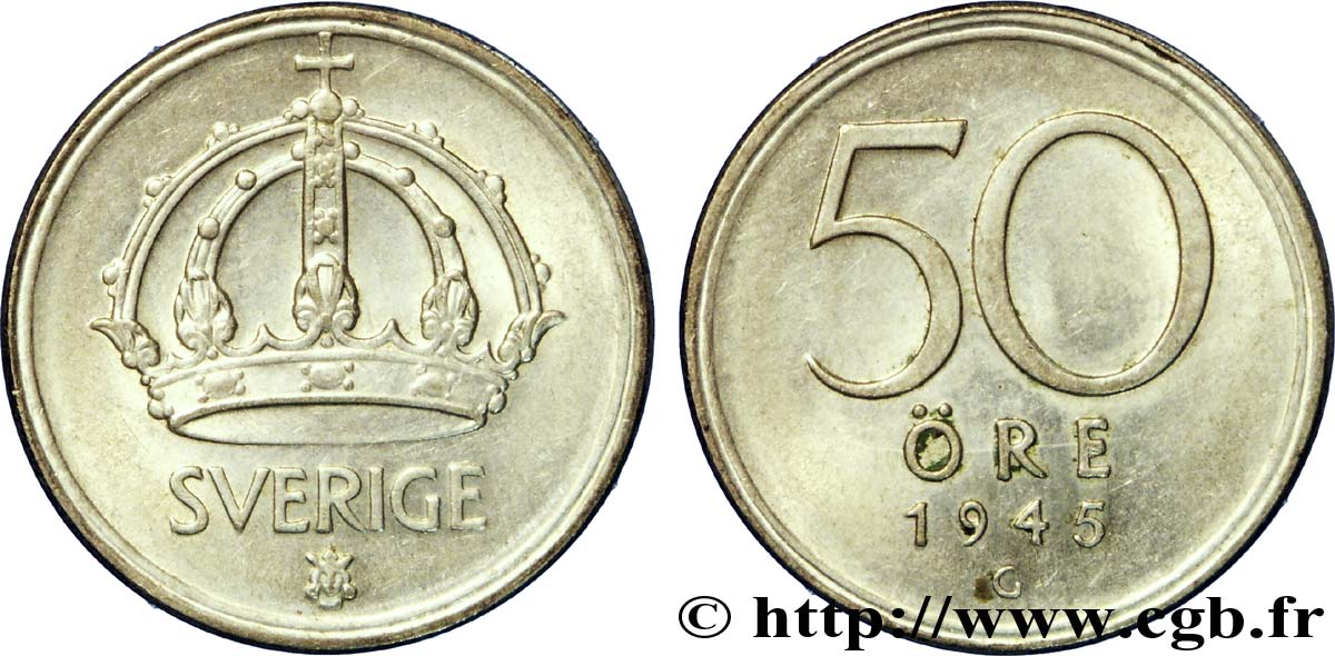 SWEDEN 50 Ore couronne 1945  AU 
