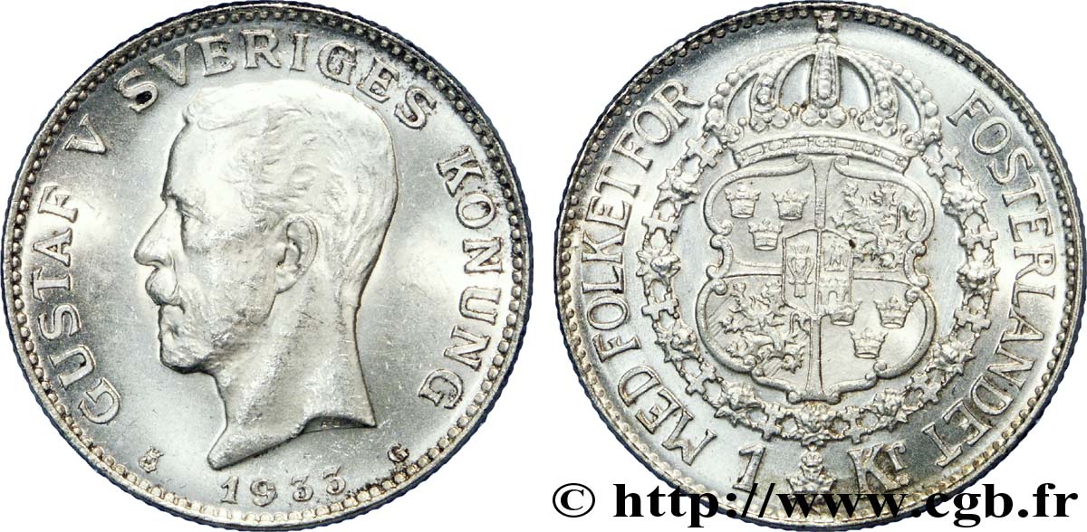 SWEDEN 1 Krona Gustave V / armes 1933  MS 